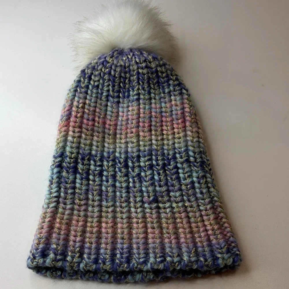 Multicolor Knit Beanie with Pom Pom